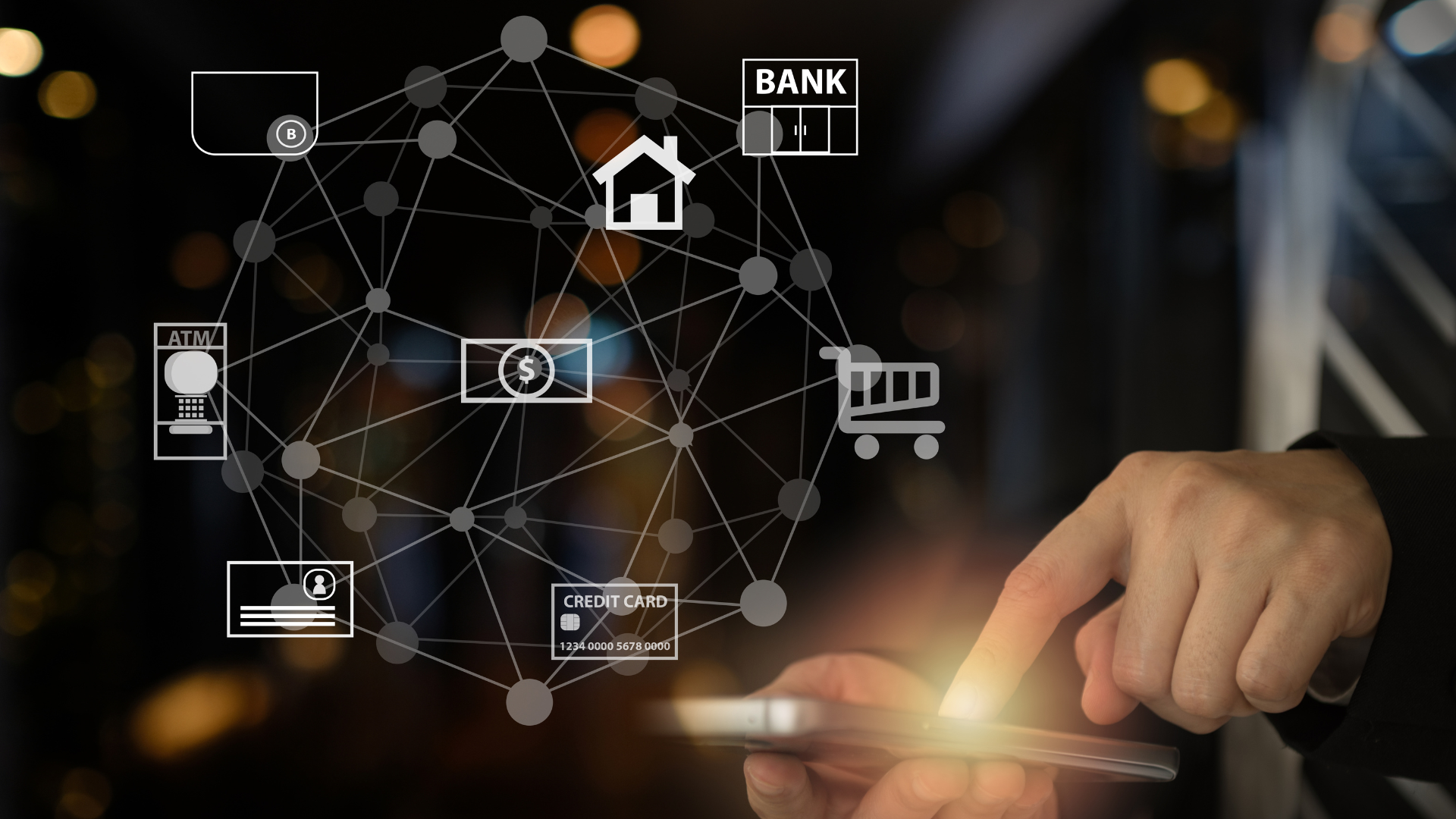 Illustration du réseau financier connecté, représentant l'activité d'apporteur d'affaires en banque via smartphone