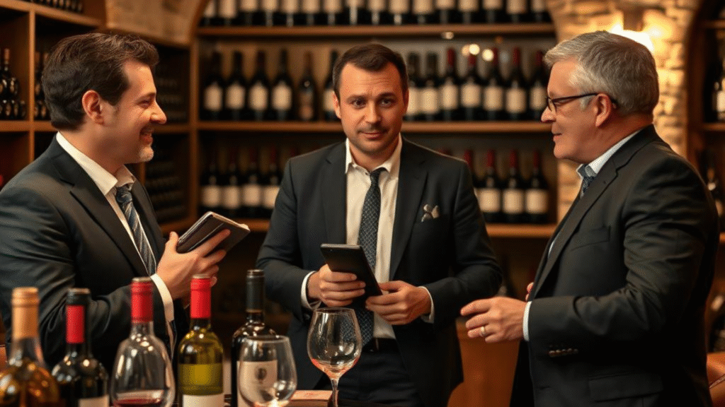Apporteur d'affaires vins et spiritueux discutant avec un producteur de vin et un acheteur dans un élégant salon de dégustation, entouré de bouteilles de vin et de verres.