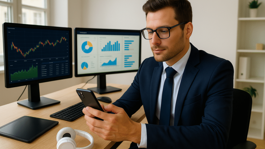 Professionnel travaillant comme apporteur d'affaires digital dans un bureau moderne équipé d'écrans et d'outils technologiques