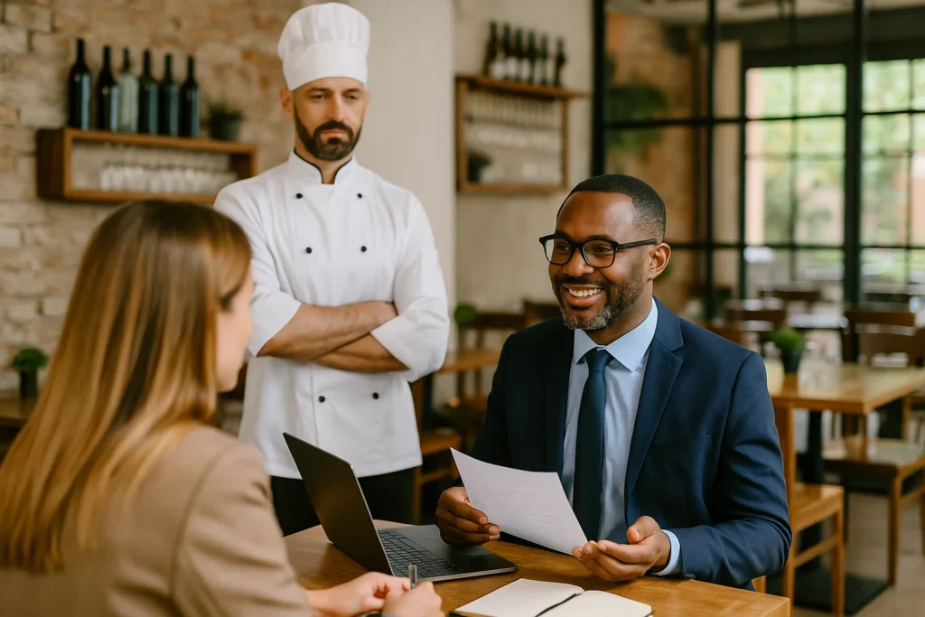 Apporteur d’affaires restauration en réunion avec un investisseur et un chef de restaurant.