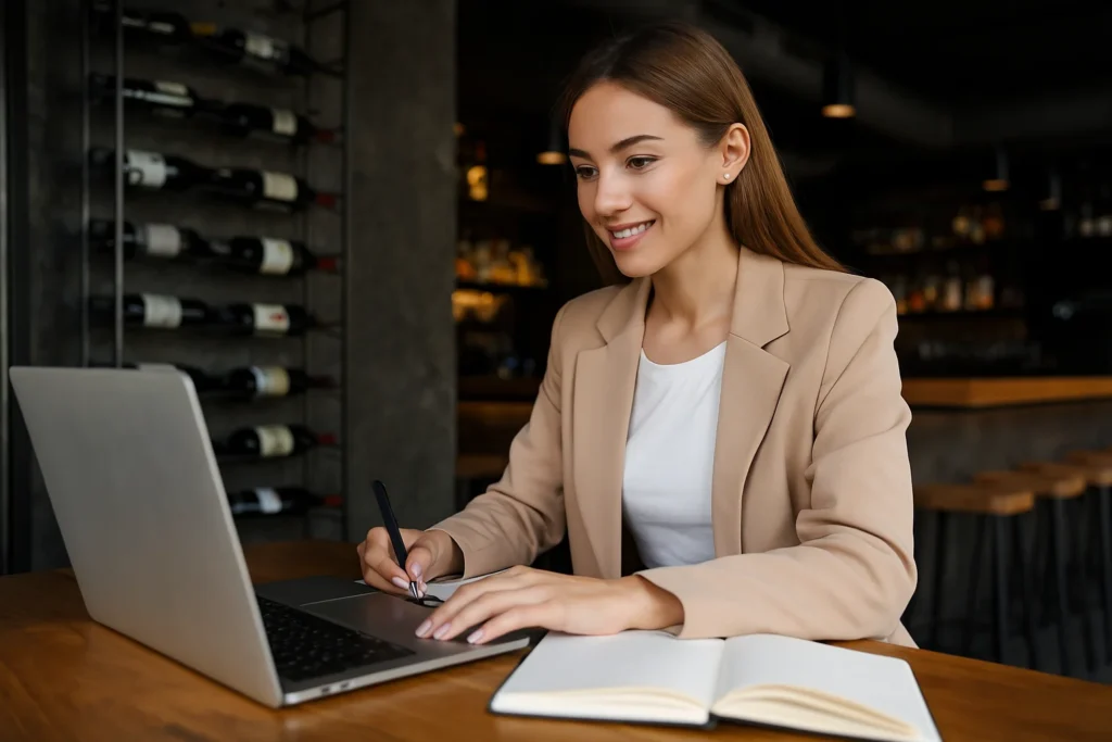Apporteur d’affaires restauration travaillant sur son ordinateur dans un café-restaurant.