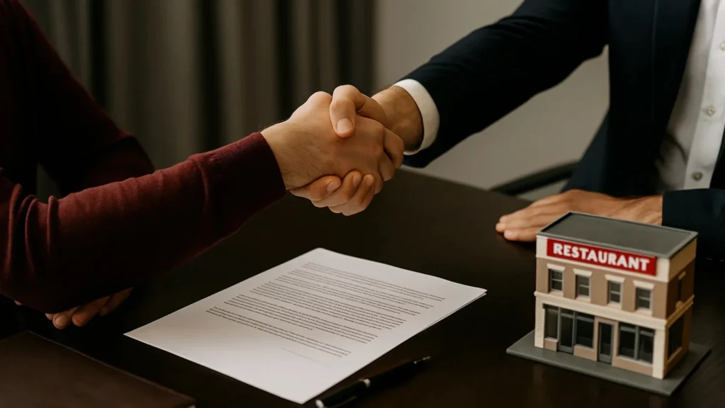 Signature de contrat entre un apporteur d’affaires restauration et un investisseur de restaurant.